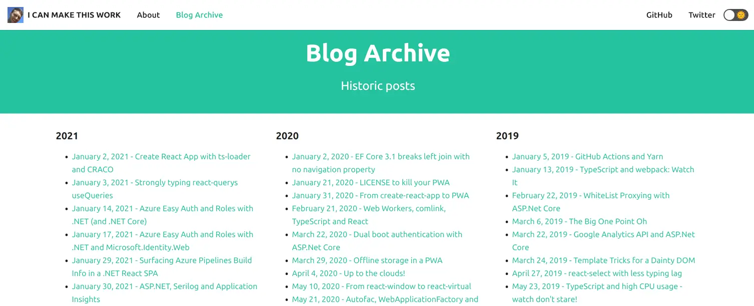 screenshot of the original blog archive functionality