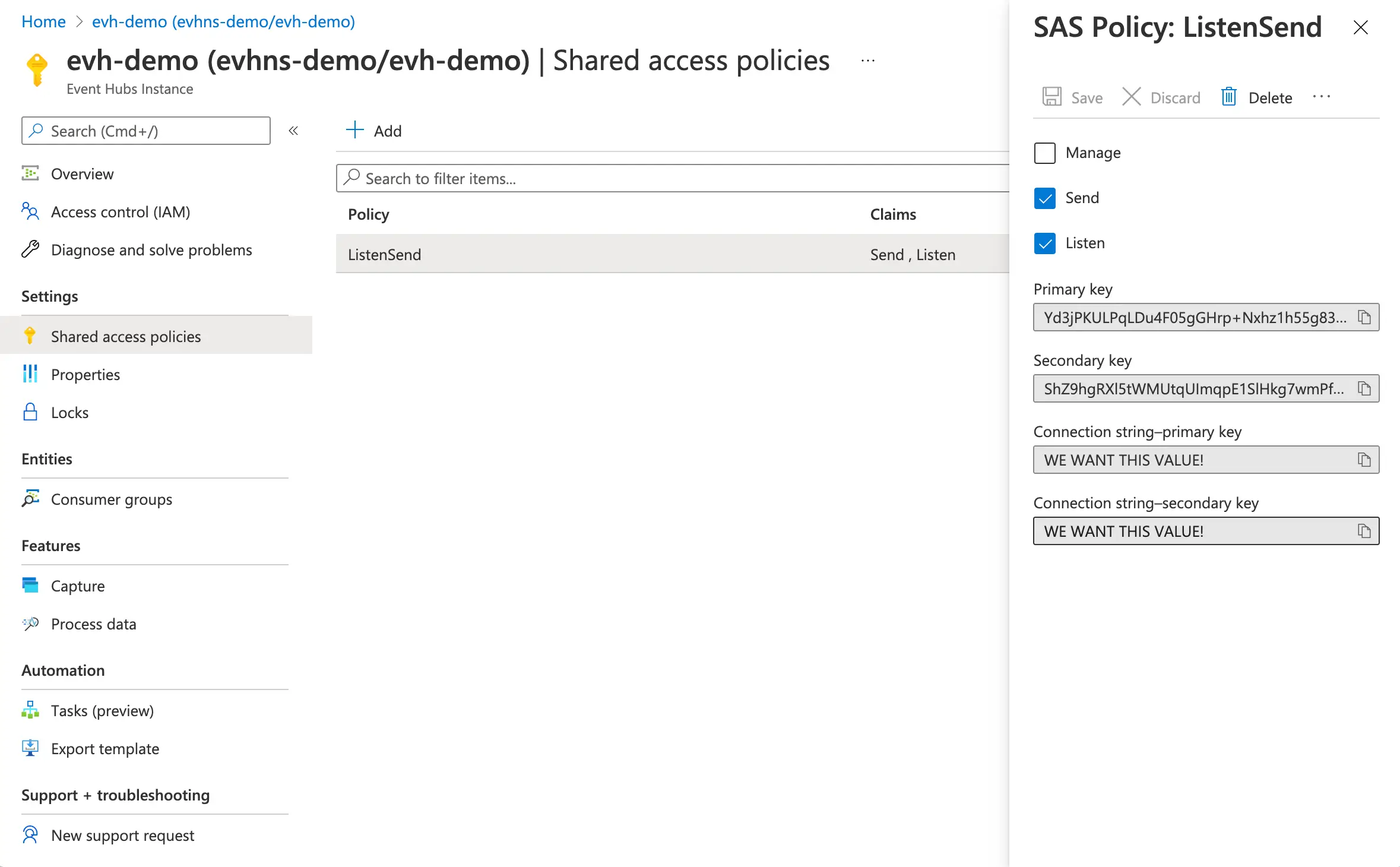 screenshot of event hub connection strings in the Azure Portal