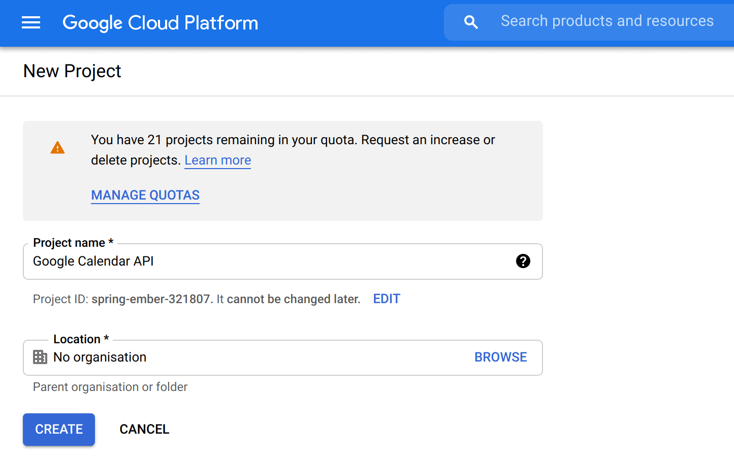 Screenshot of the Create Project screen in the Google Cloud Platform