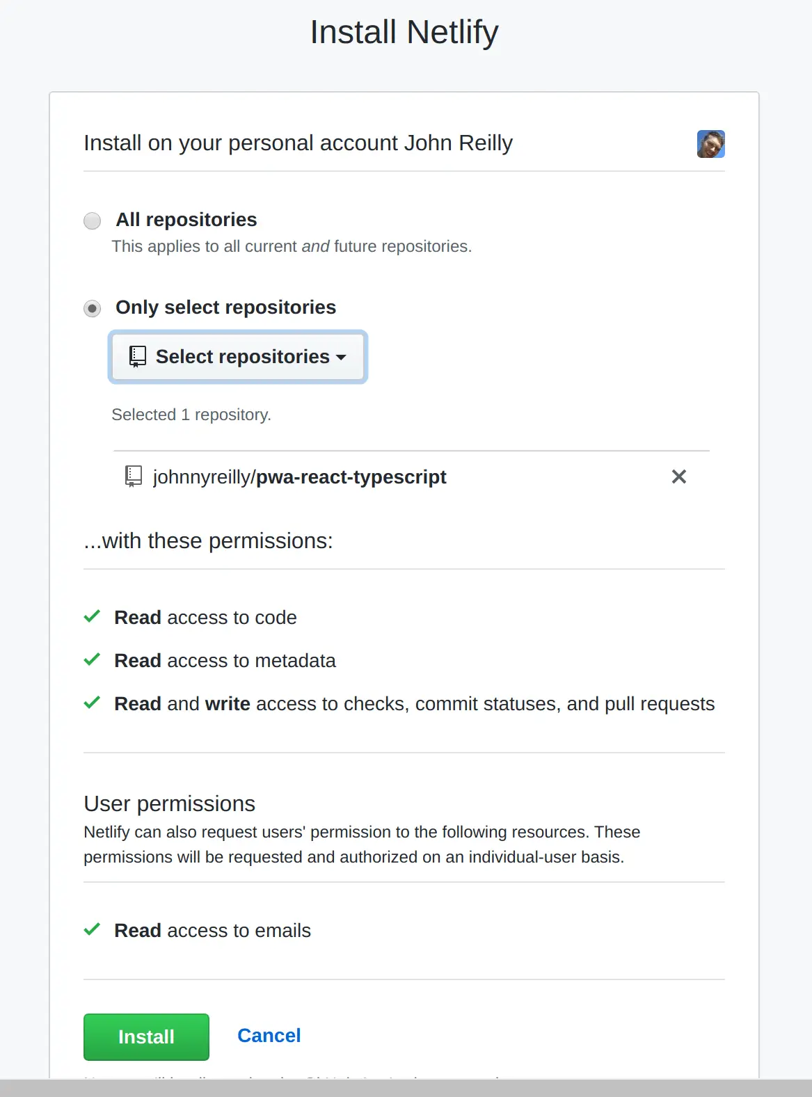 screenshot of Netlify permissions flow