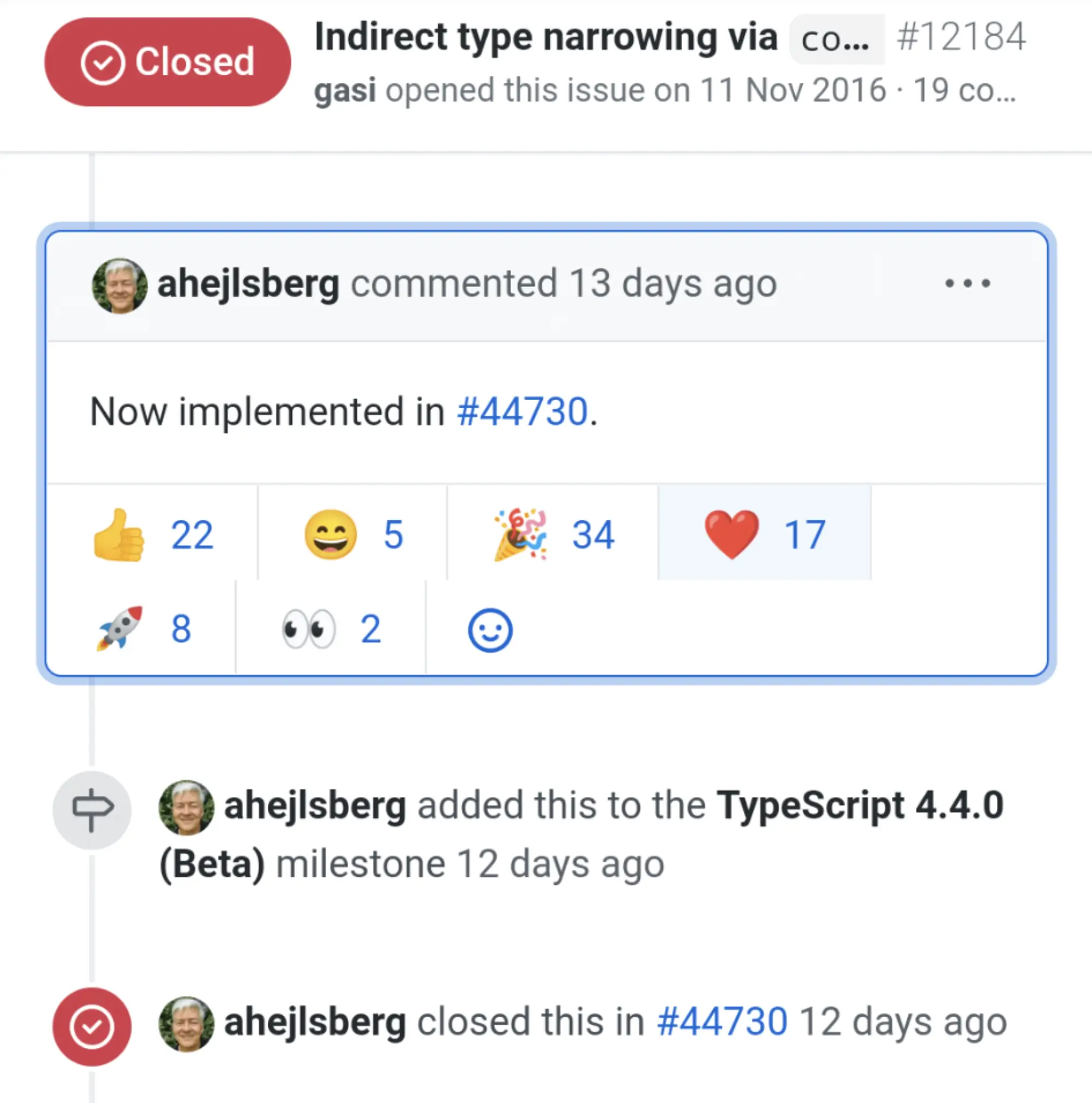 Screenshot of reactions on GitHub