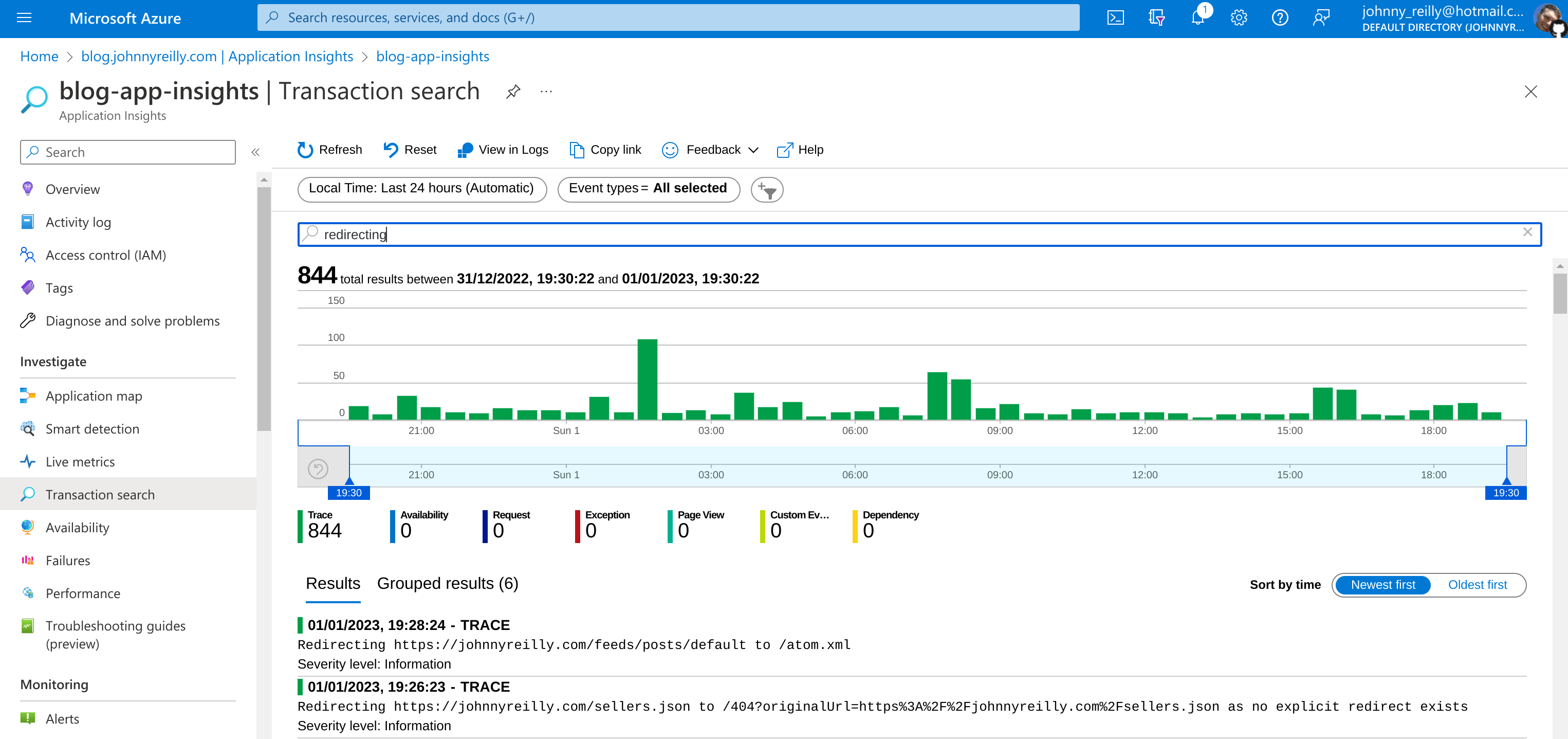 Screenshot of Application Insights in the Azure Portal