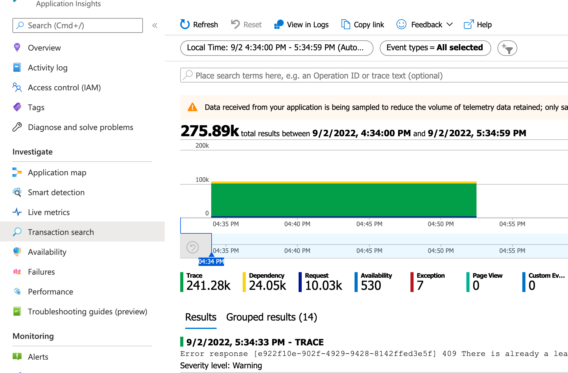 Screenshot of the Azure Application Insights Transaction Search screen