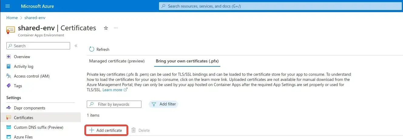 Screenshot of Azure Portal on the certificates screen