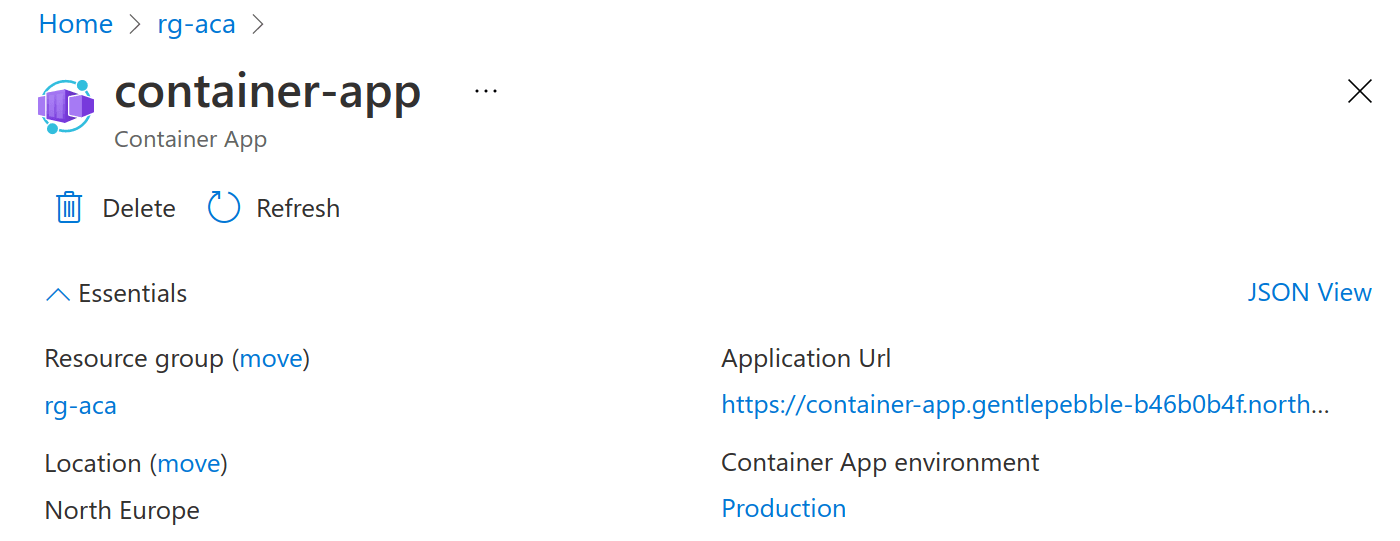 screenshot of the Azure Container App in the Azure Portal