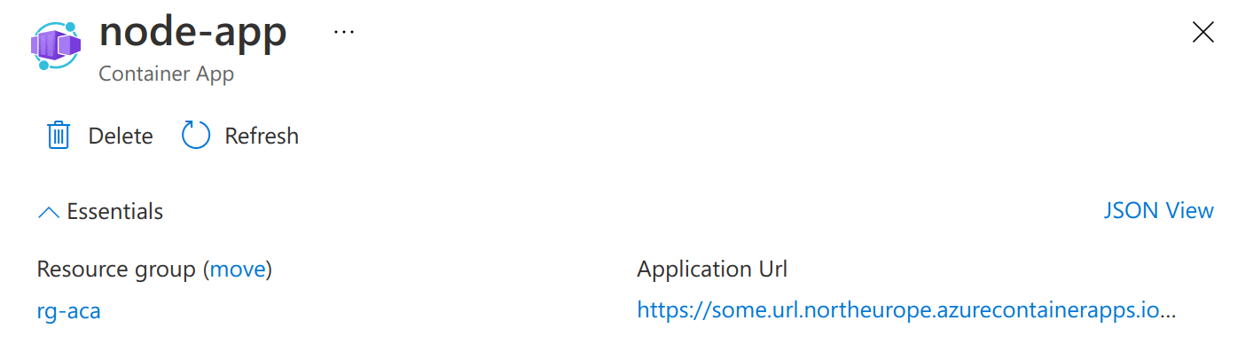 screenshot of the Azure Container App in the Azure Portal revealing it&#39;s URL