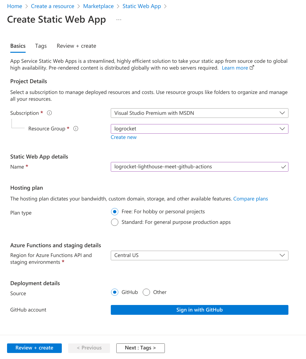 Screenshot of the Azure Portal, &quot;Create a resource&quot; Azure Static Web Apps dialog