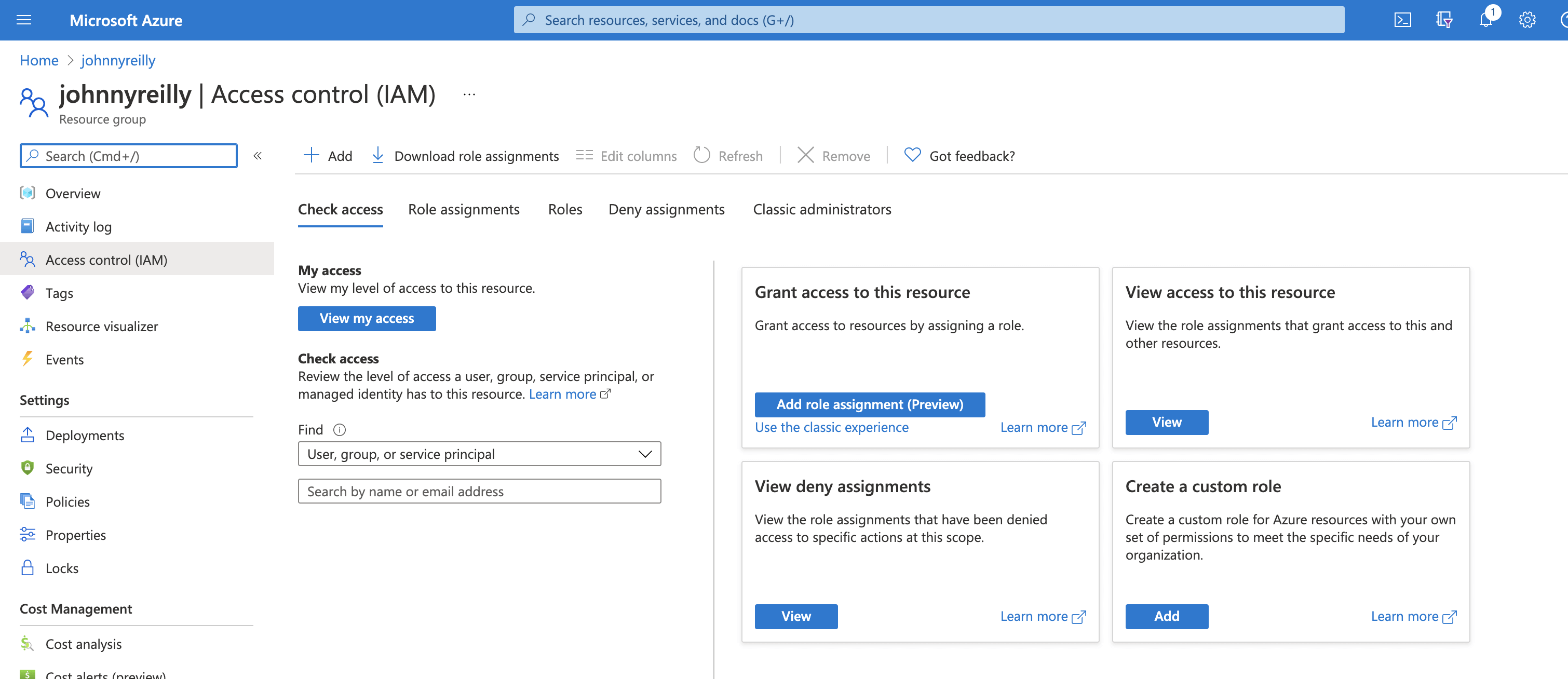 Screenshot of the resource groups IAM page in the Azure Portal