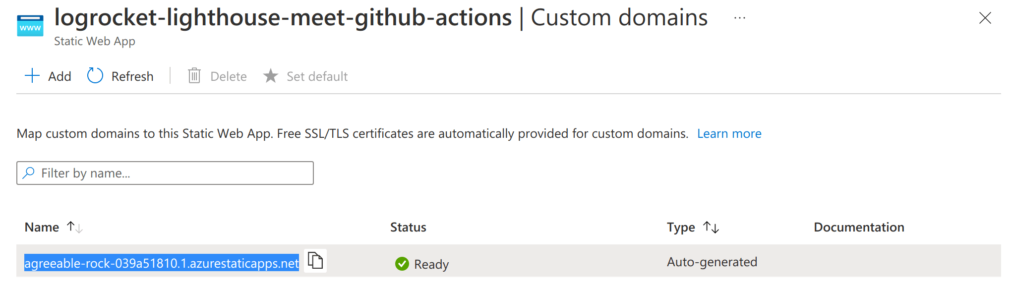 screenshot of the custom domain screen in the Azure Portal