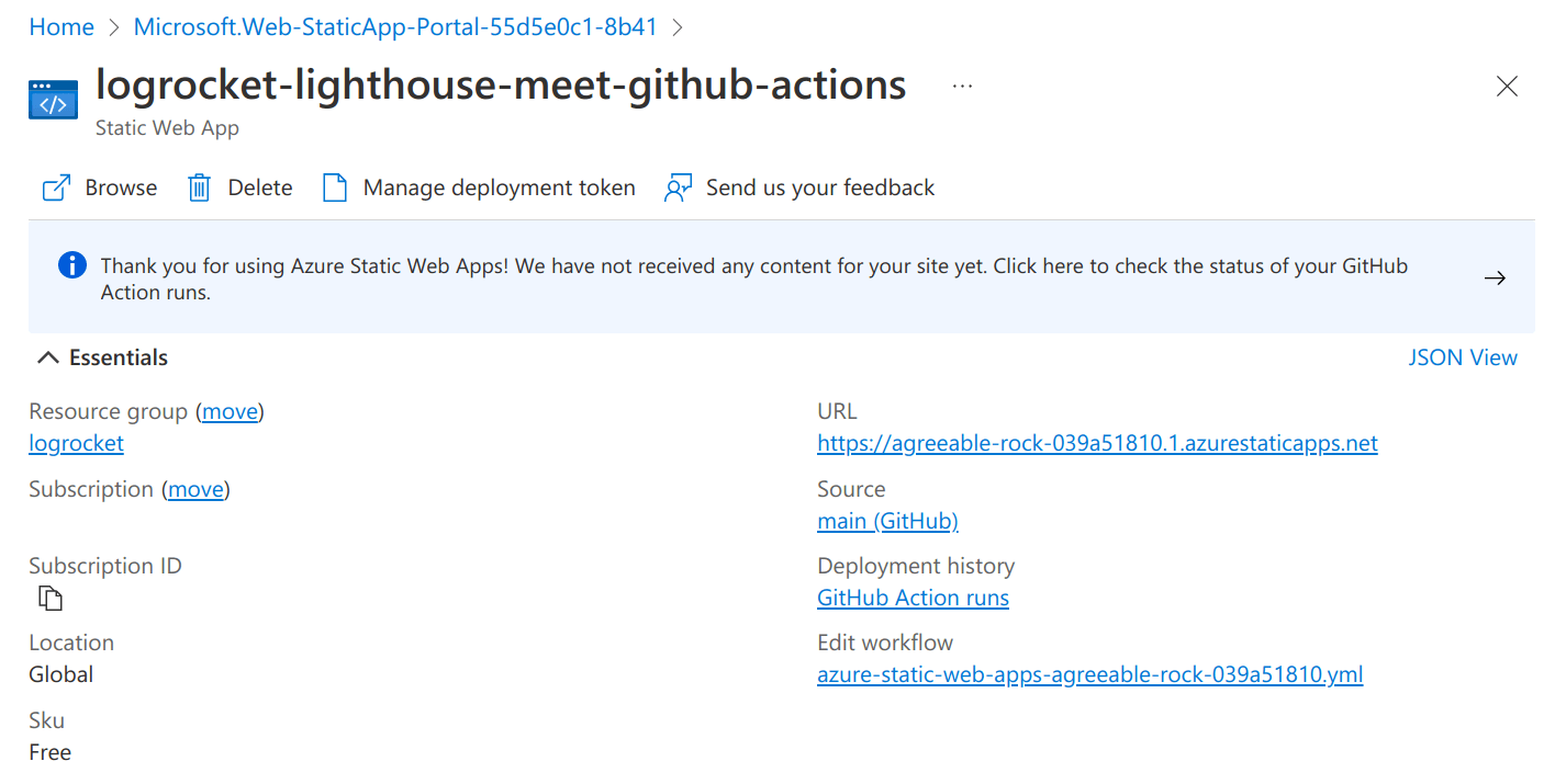 Screenshot of the Azure Portal, your Azure Static Web Apps resource