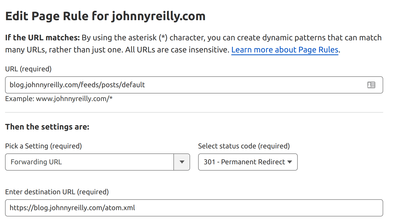 screenshot of the page rule in Cloudflare