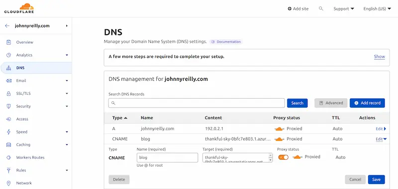 screenshot of the DNS settings in Cloudflare