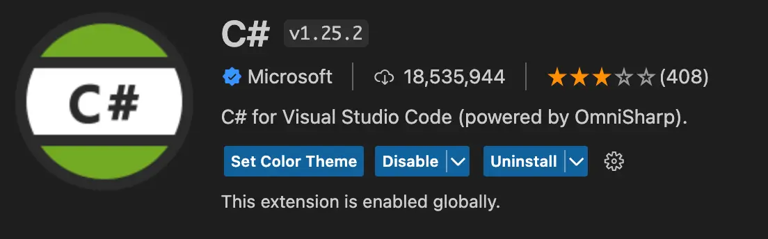 Screenshot of C# extension in VS Code; in this case version 1.25.2