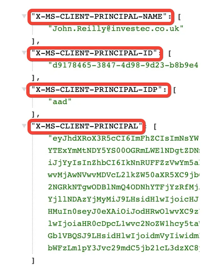 screenshot of easy auth headers including X-MS-CLIENT-PRINCIPAL-NAME, X-MS-CLIENT-PRINCIPAL-ID, X-MS-CLIENT-PRINCIPAL-IDPandX-MS-CLIENT-PRINCIPAL`
