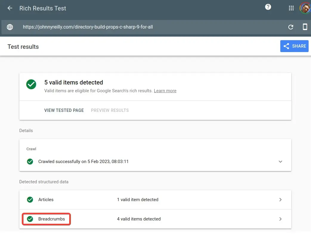 screenshot of the Rich Results Test featuring article and breadcrumbs