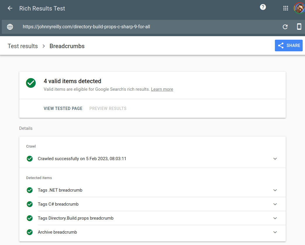 screenshot of the Rich Results Test featuring the specific 4 breadcrumbs