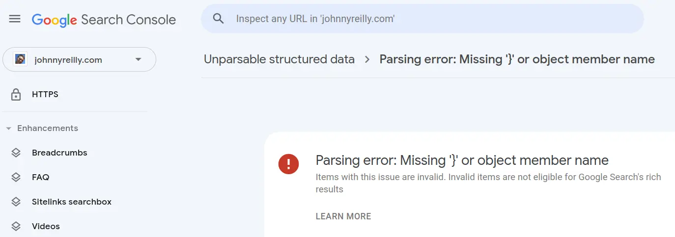 screenshot of the Google Search Console with the issue Parsing error: Missing } or object member name.