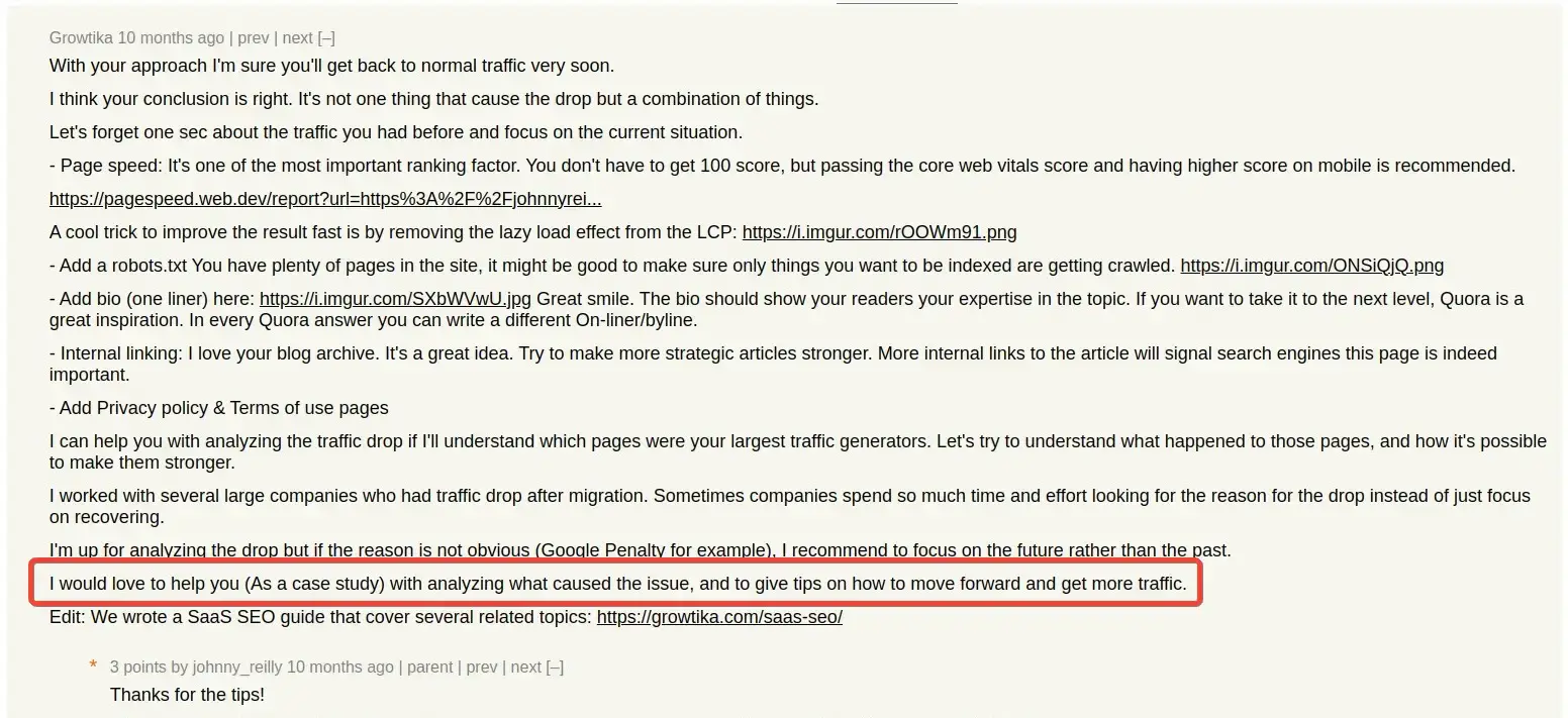 screenshot of the Hacker News conversation with Growtika