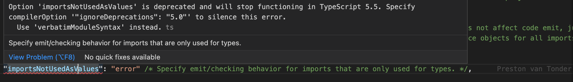 screenshot of VS Code displaying the error message