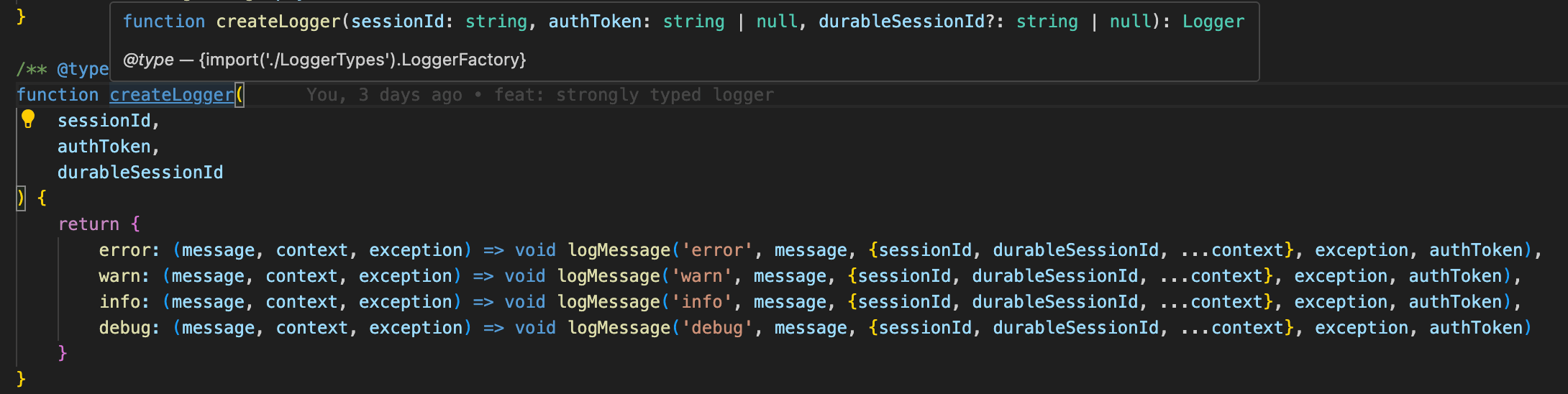 Screenshot of type information in VS Code