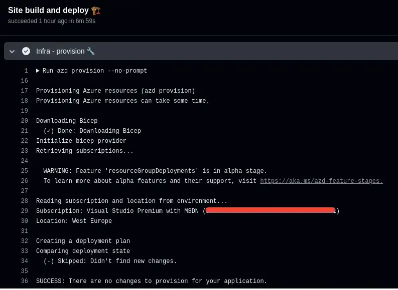 screenshot of azd detecting no changes and so not provisioning