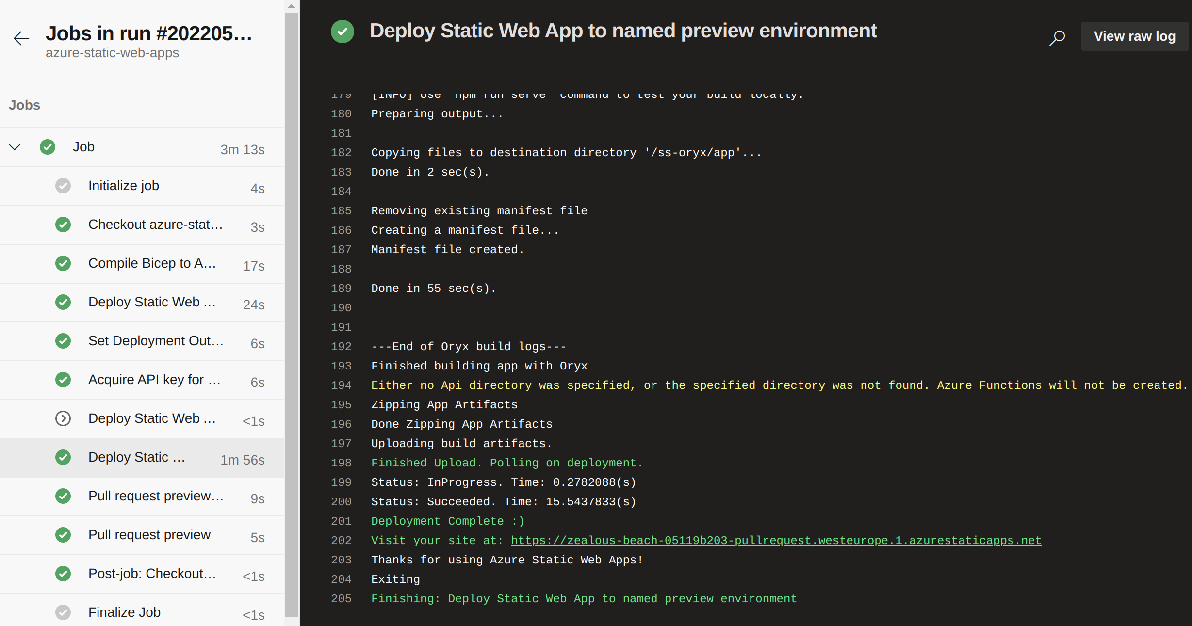screenshot of Azure Pipelines, including the phrase &quot;Visit your site at: https://zealous-beach-05119b203-pullrequest.westeurope.1.azurestaticapps.net&quot;