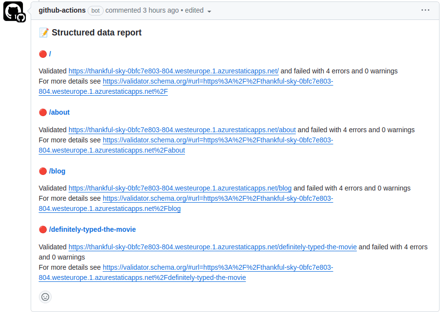 screenshot of the GitHub Action comment on the PR