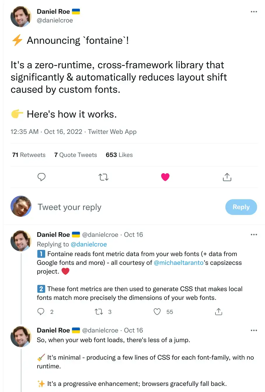 screenshot of tweet saying: &quot;⚡️ Announcing fontaine! It&#39;s a zero-runtime, cross-framework library that significantly &amp; automatically reduces layout shift caused by custom fonts.&quot;