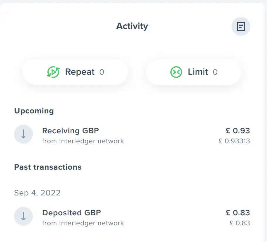 screenshot of uphold including details of an incoming payment of $1 or 93 pence