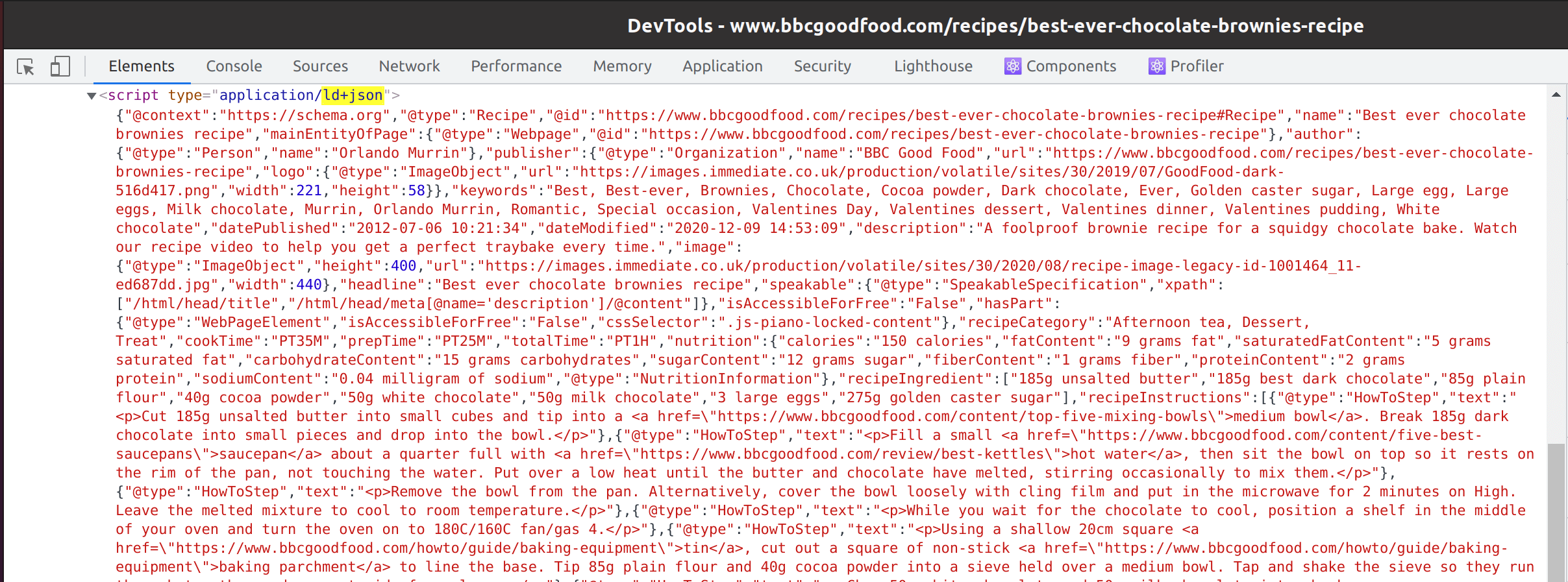 screenshot of JSON-LD sections in the BBC Good Food website