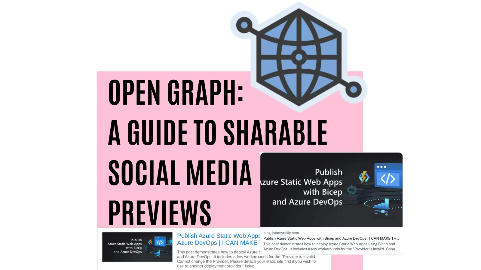 title image reading &quot;Open Graph: a guide to sharable social media previews&quot; with the open graph logo and screenshots of twitter shared cards