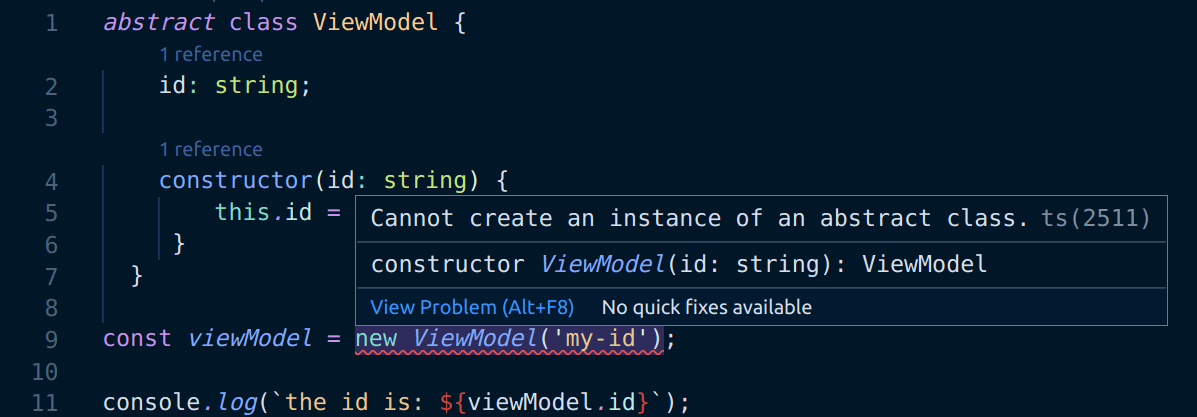 Screenshot of &quot;Cannot create an instance of an abstract class.&quot; error in VS Code